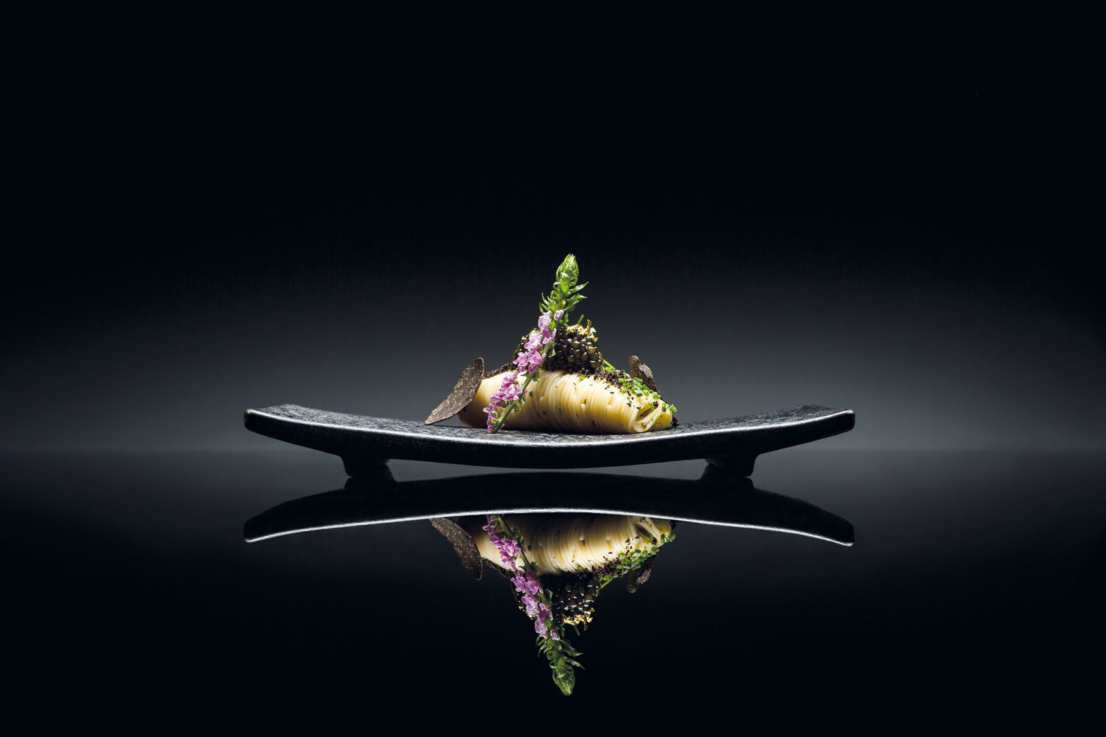 Cold angel hair pasta with truffle and caviar