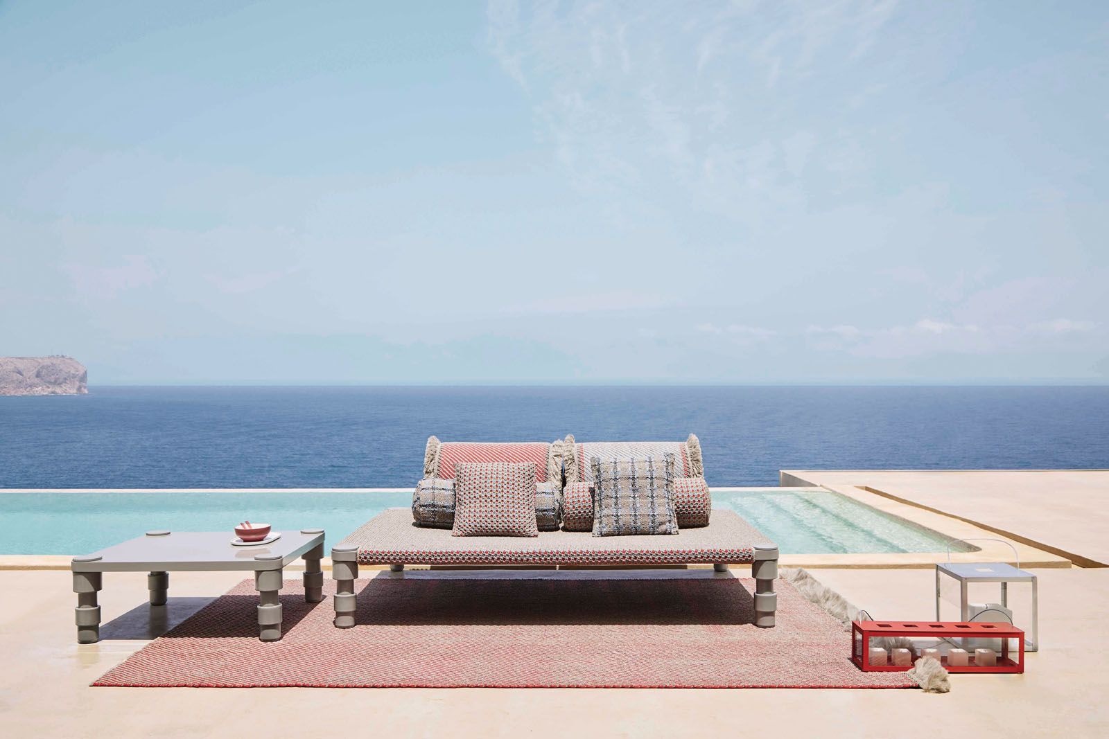 Designed by famed architect and industrial designer Patricia Urquiola, the Garden Layers outdoor range from Gan was inspired by the designer’s trips to India. The collection comprises rugs, mats, roll pillows, cushions, Indian beds and side tables, which can be arranged in numerous ways; it also features geometric motifs and fringing.
