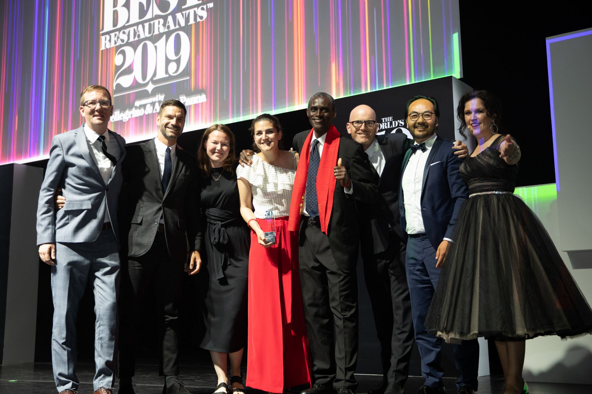 The winner of the Highest New Entry Award is Noma, Copenhagen, Denmark, the award is presented by Annabel Crabb.