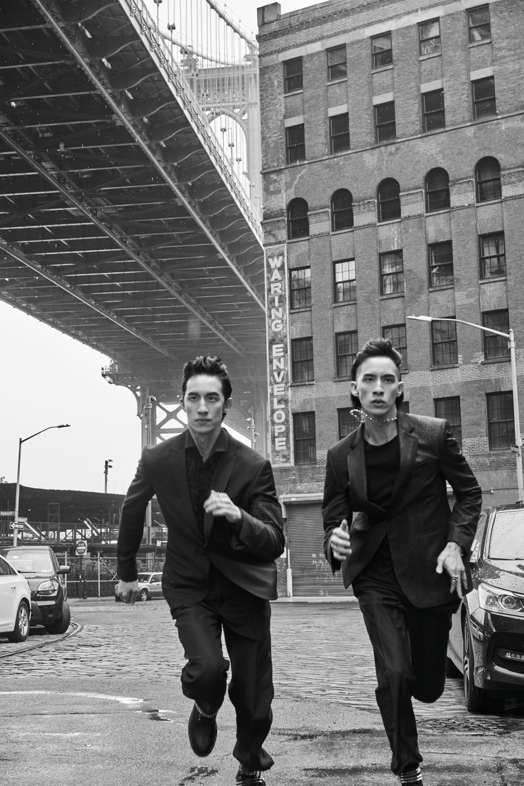 From left: Brandon wears wool jacket, studded cotton shirt, wool trousers and studded leather boots, all by Philipp Plein. Julien wears wool jacket, cotton T-shirt, wool trousers and studded leather boots, all by Philipp Plein