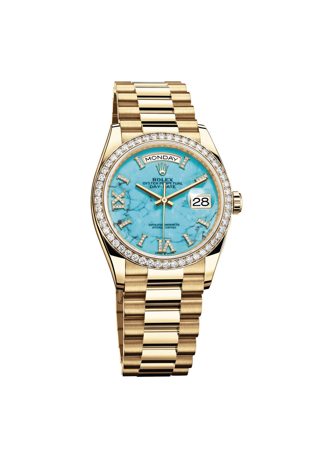 Turquoise dials aren’t all that uncommon in luxury watches, but there is seldom one that bears the stone’s inherent veins as seen in this yellow gold model