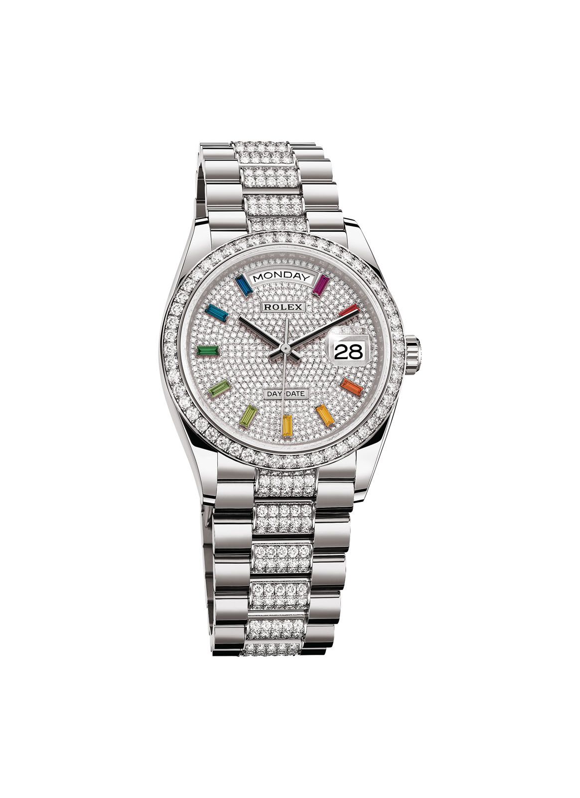 This version of the new Day-Date 36 dazzles with a diamond‑paved dial and hour markers fashioned from baguette‑cut sapphires in rainbow colours