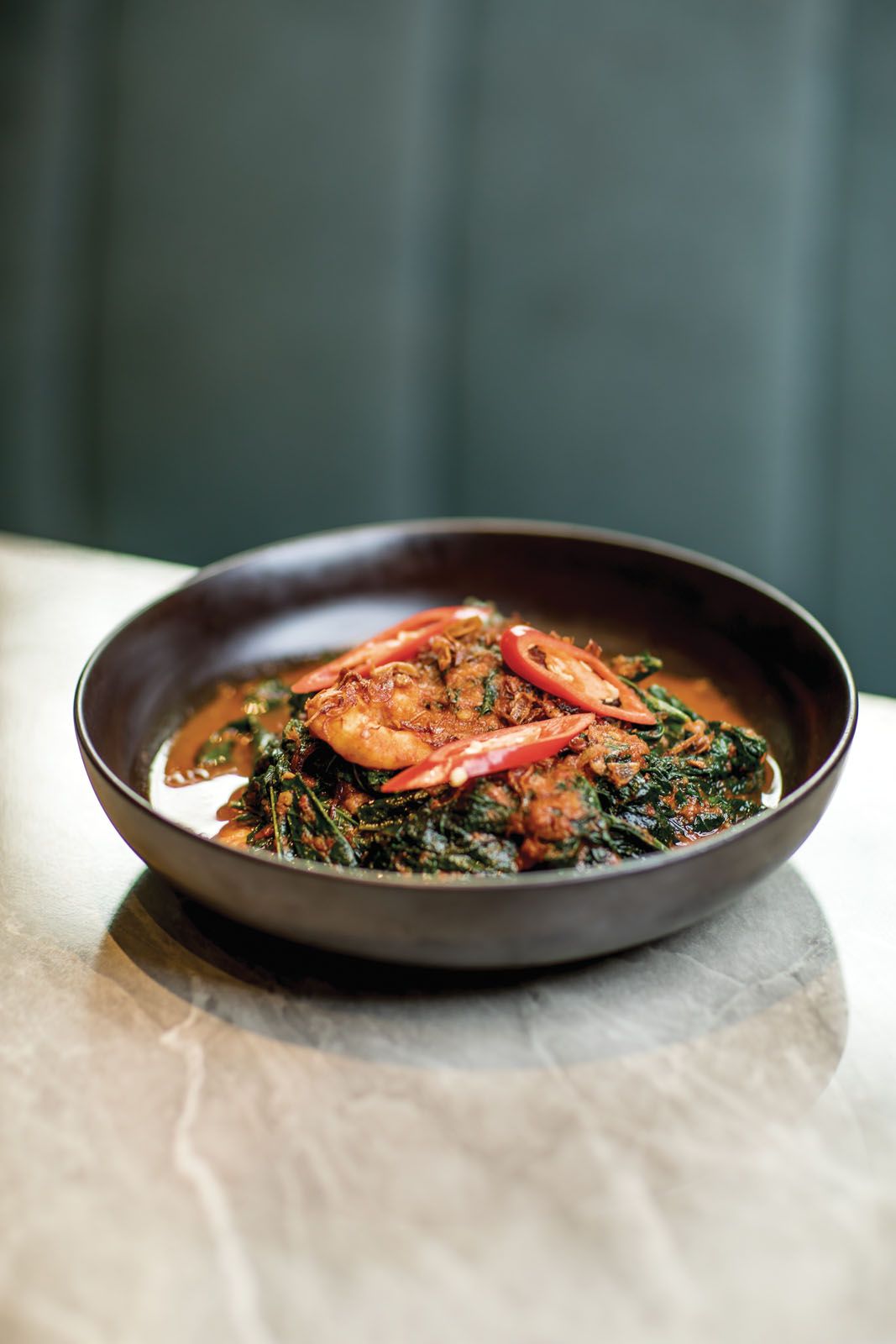 Fried long bean leaves with prawns in sambal