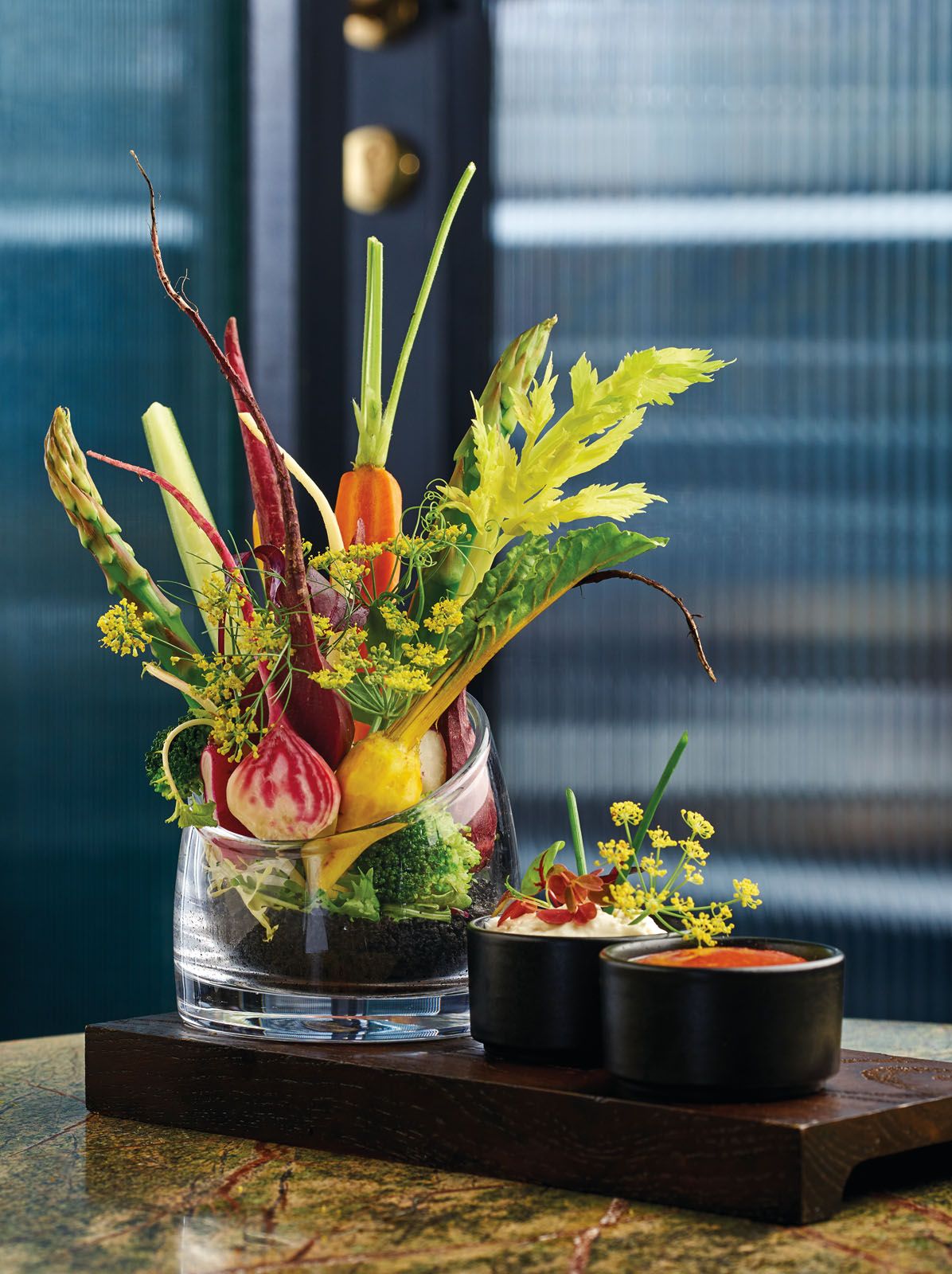 Central Park by Angelo Ciccone, Regent Singapore. A new addition to the bar snack at Manhattan is this artfully assembled crudités of heirloom vegetables served with a pair of vegan dressings—a Bloody Mary and a chive sauce