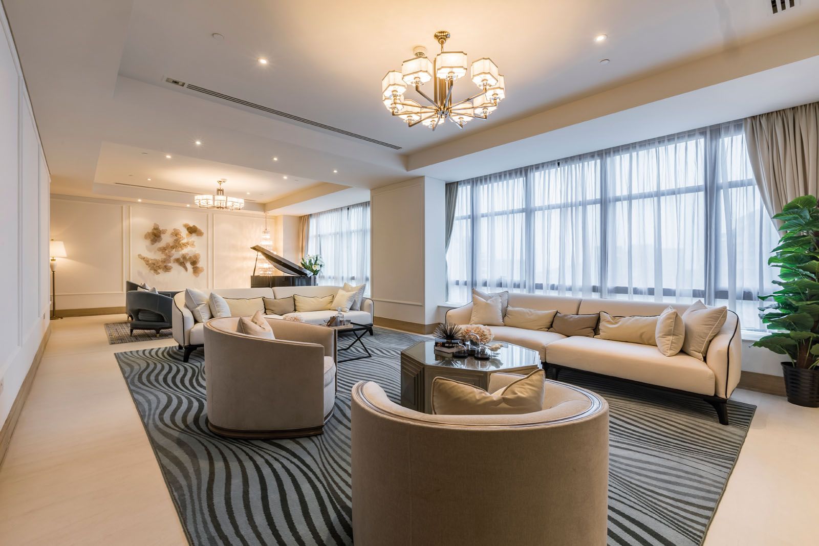 The wall panelling complements the sophisticated look of the living room