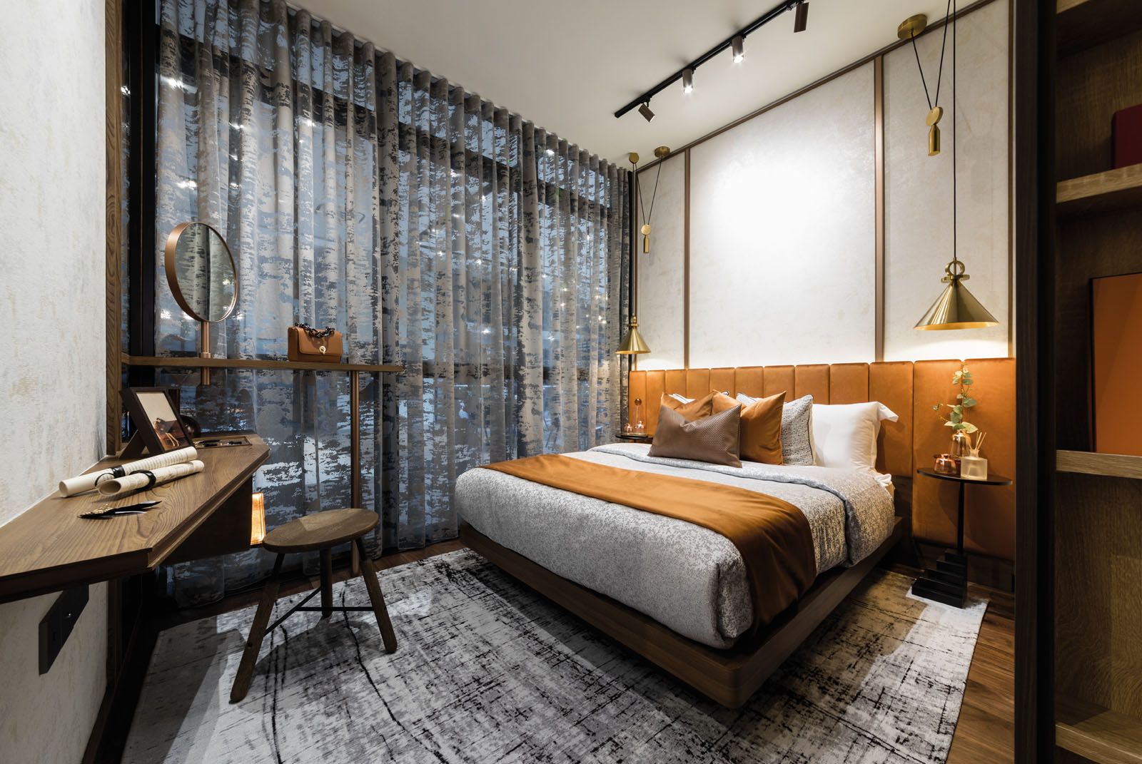 The master bedroom features a tactile array of textures