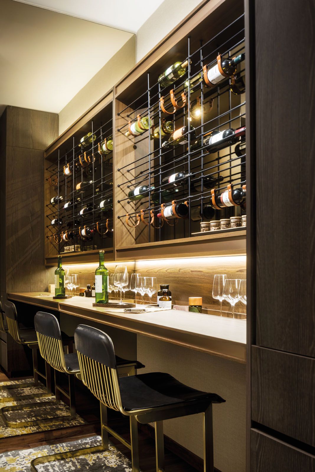 The wine shelf showcases an array of vintages
