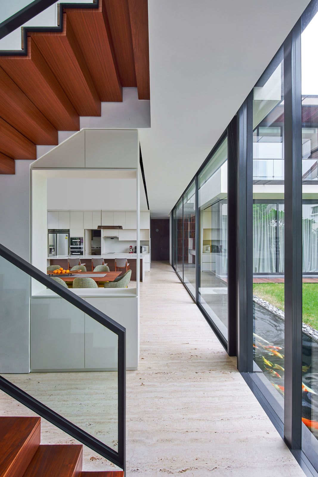 A view of the kitchen from the stairway