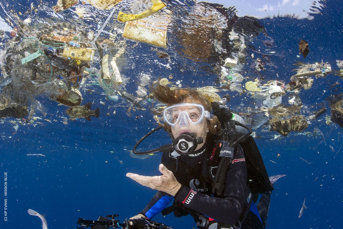 Sylvia Earle diving in a sea of plastics near the Cocos Island in 2015.