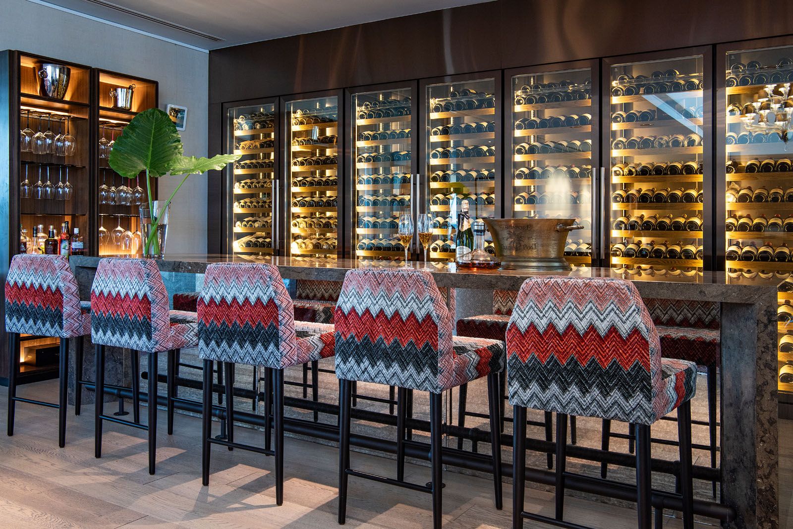 The wine chiller showcases the family's extensive array of vintage wines