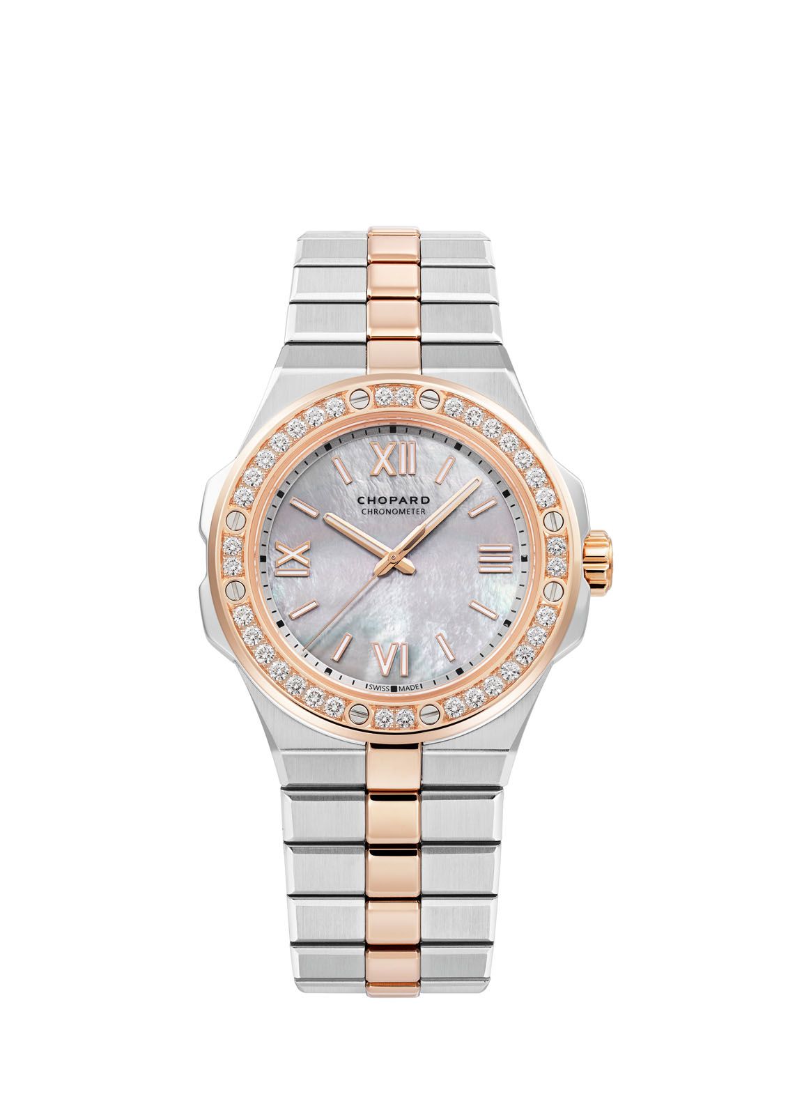 Tthe 36mm Alpine Eagle in Lucent Steel A223 and ethical rose gold features a mother-of-pearl dial and diamond-set bezel
