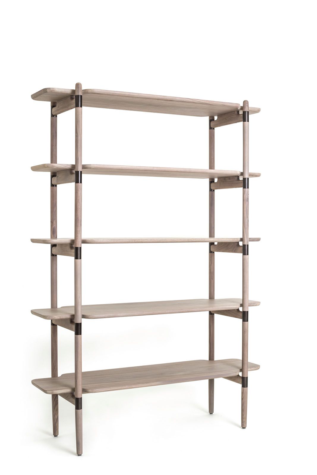 The Slow shelf features a solid wood frame, veneer laminate top and stainless steel accents