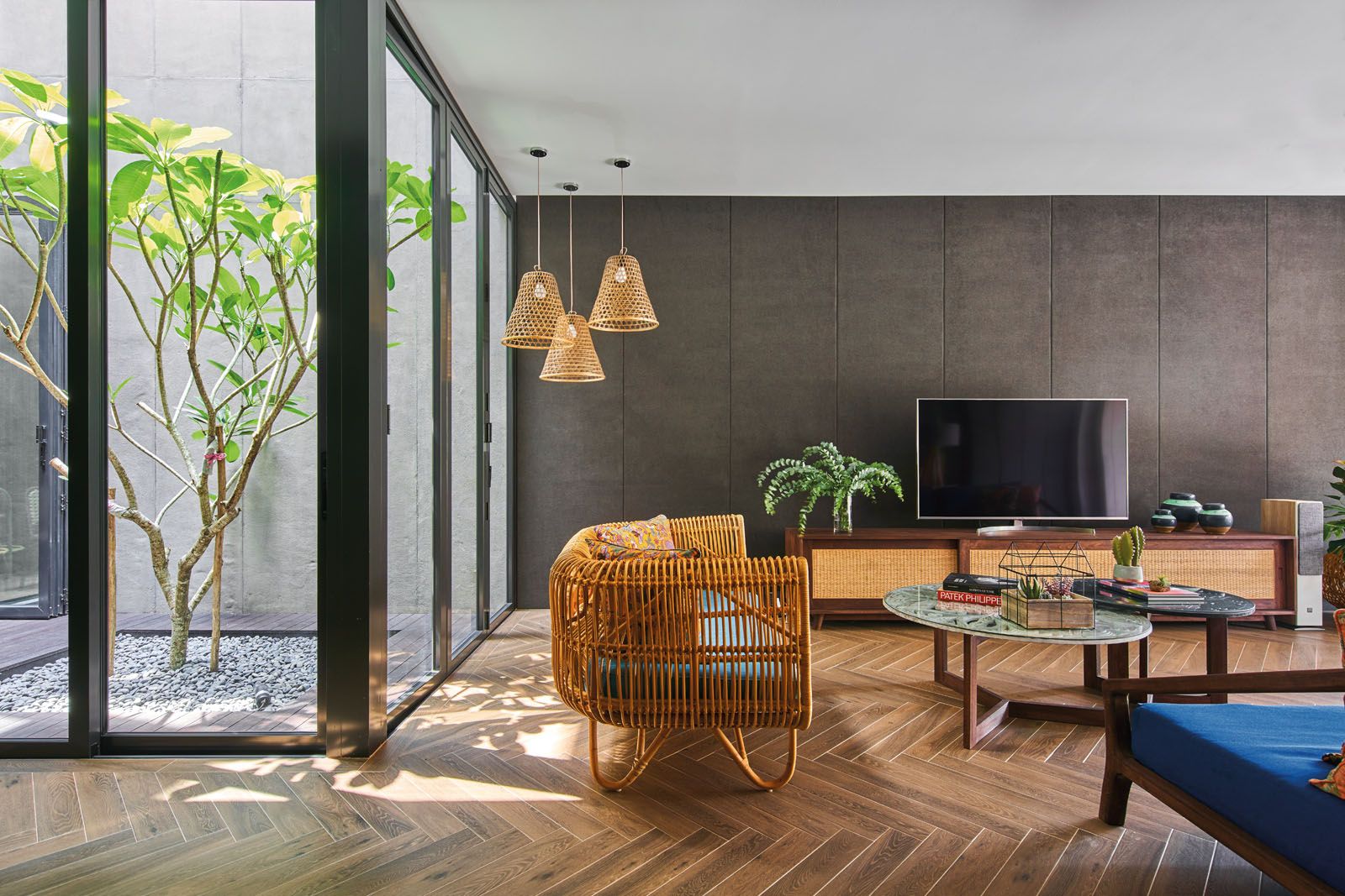The open-air courtyard brings daylight into the home