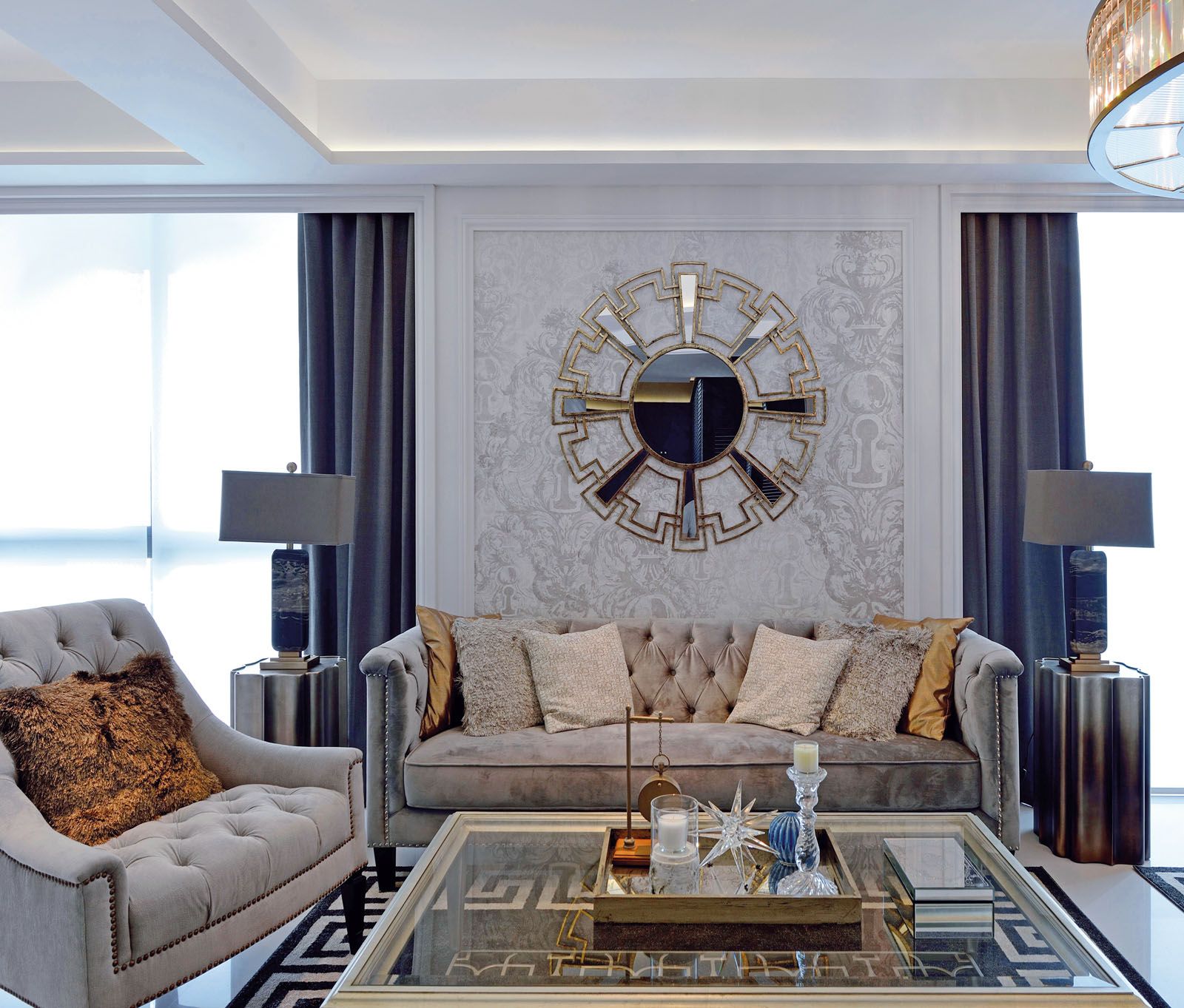 Custom-made details found in this apartment include the wallpaper in the living room
