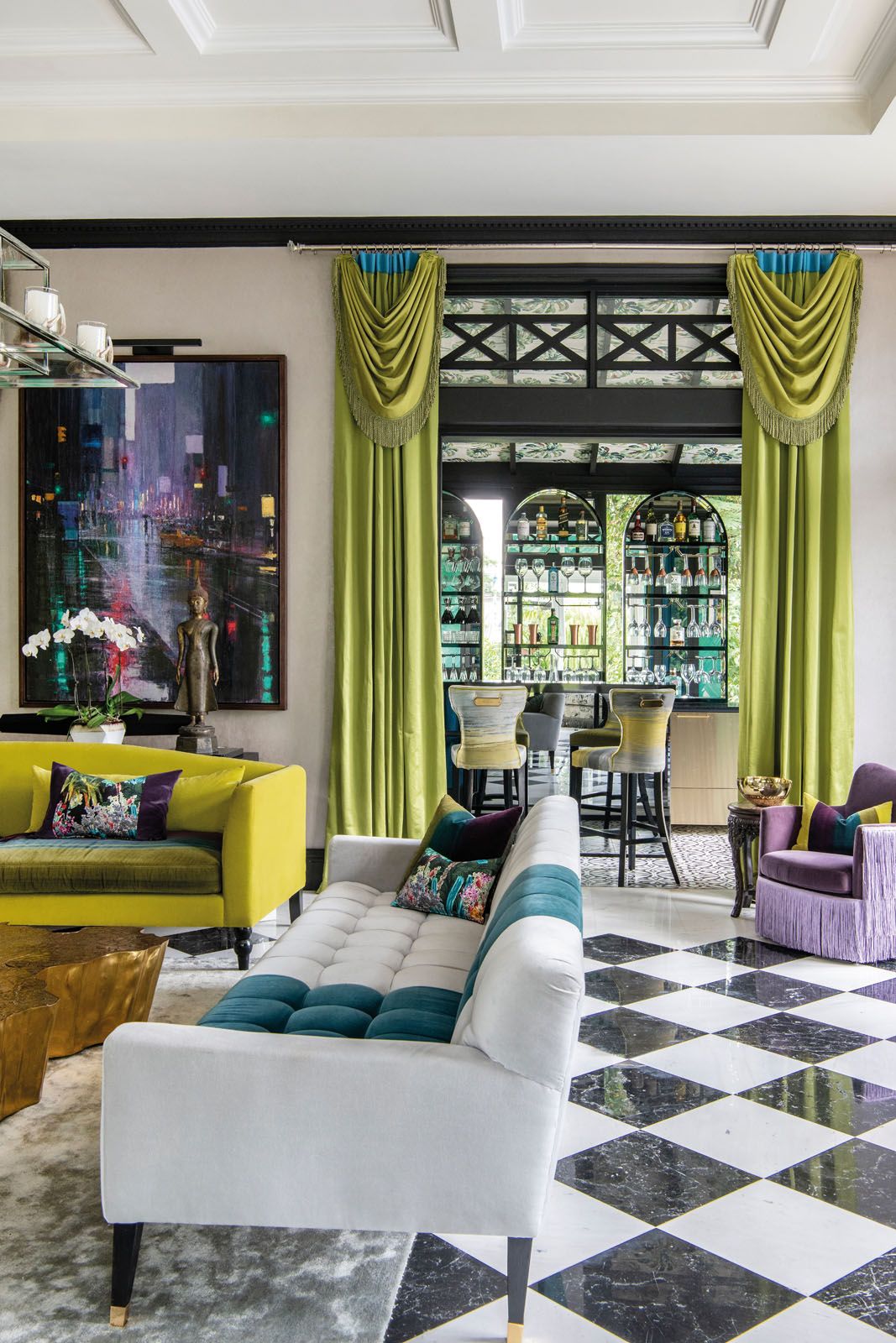 The green drapes have the effect of bringing verdant hues from the garden into the interior