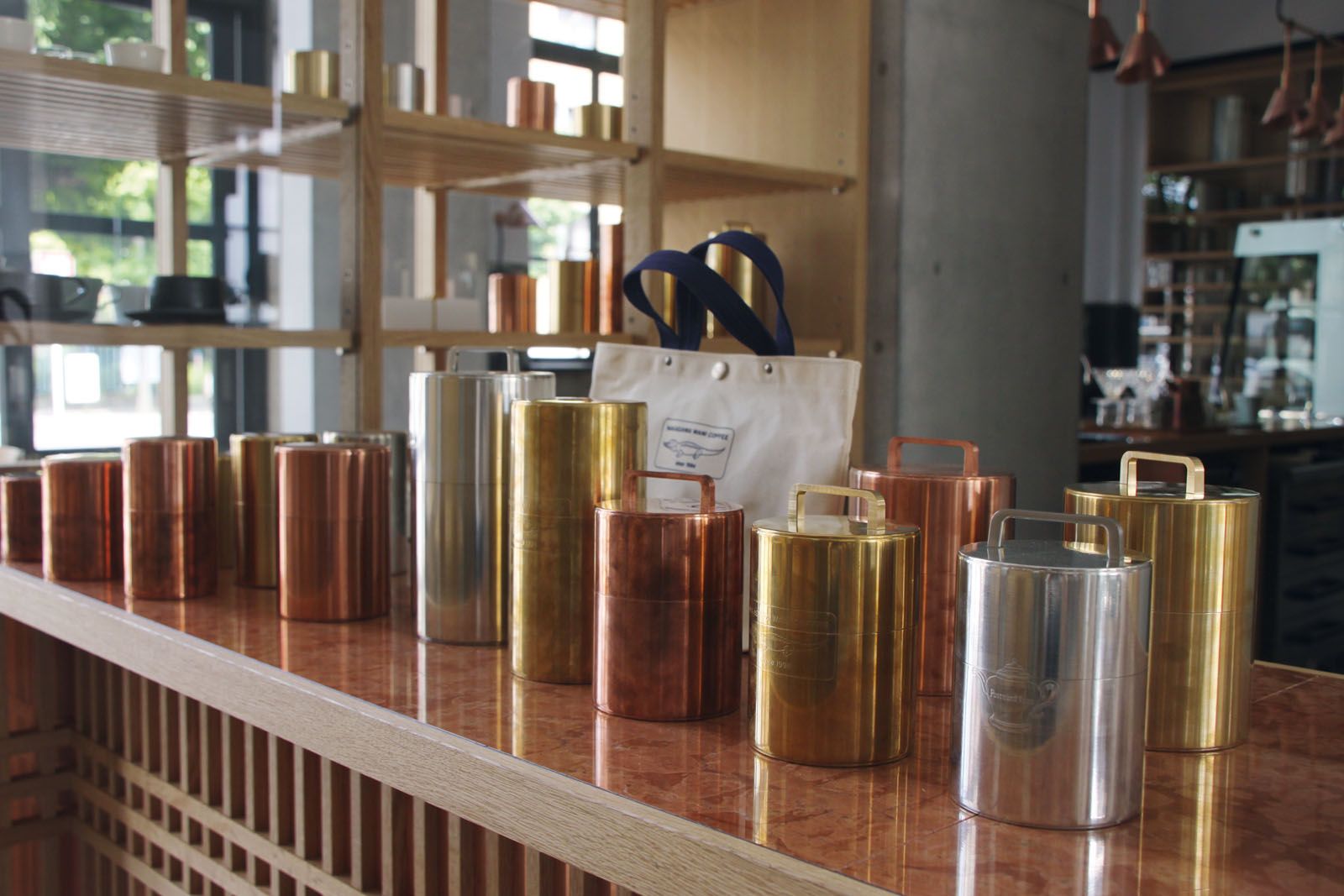 A closer look at the handcrafted copper, tin and brass tea caddies at Kakaido