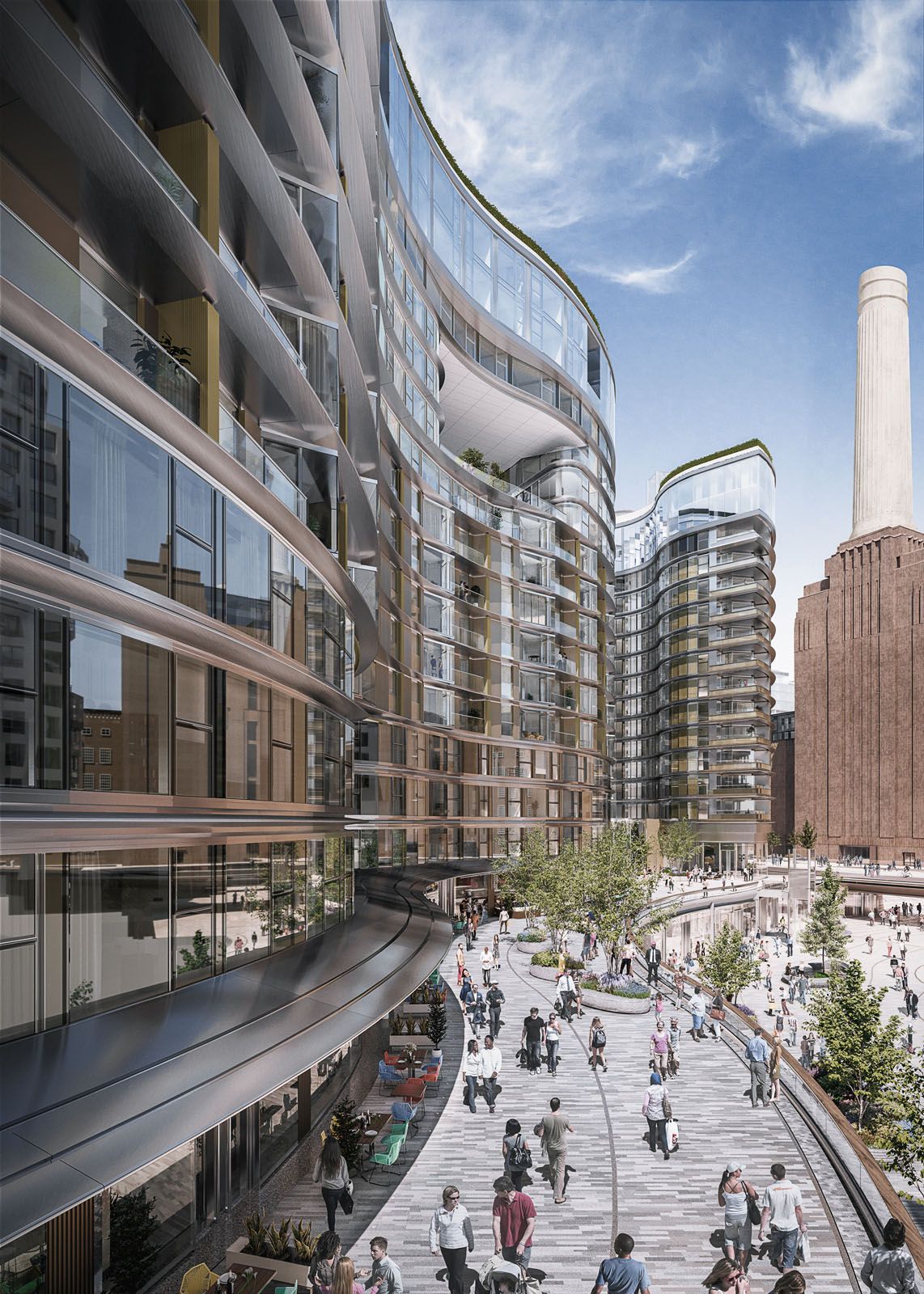 Phase three of the development will include a pedestrian walkway and luxury apartments housed within Battersea Roof Gardens designed by Foster + Partners