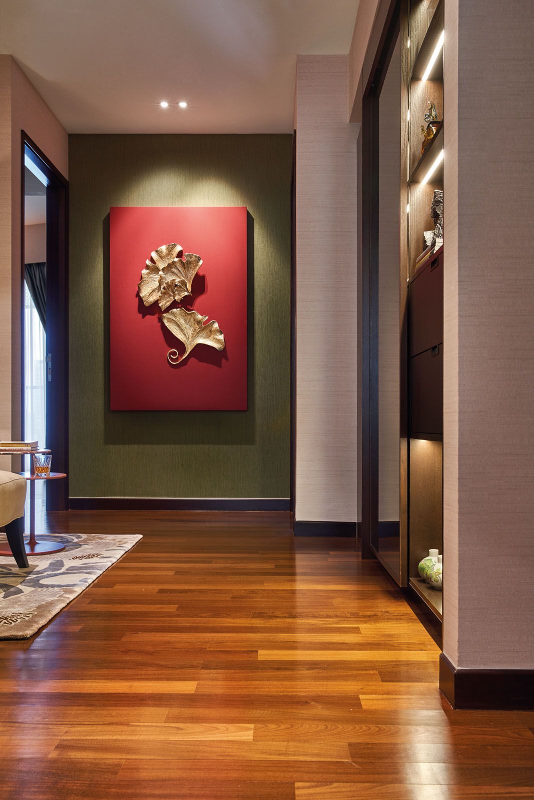 The bold botanical artwork makes this corridor pop