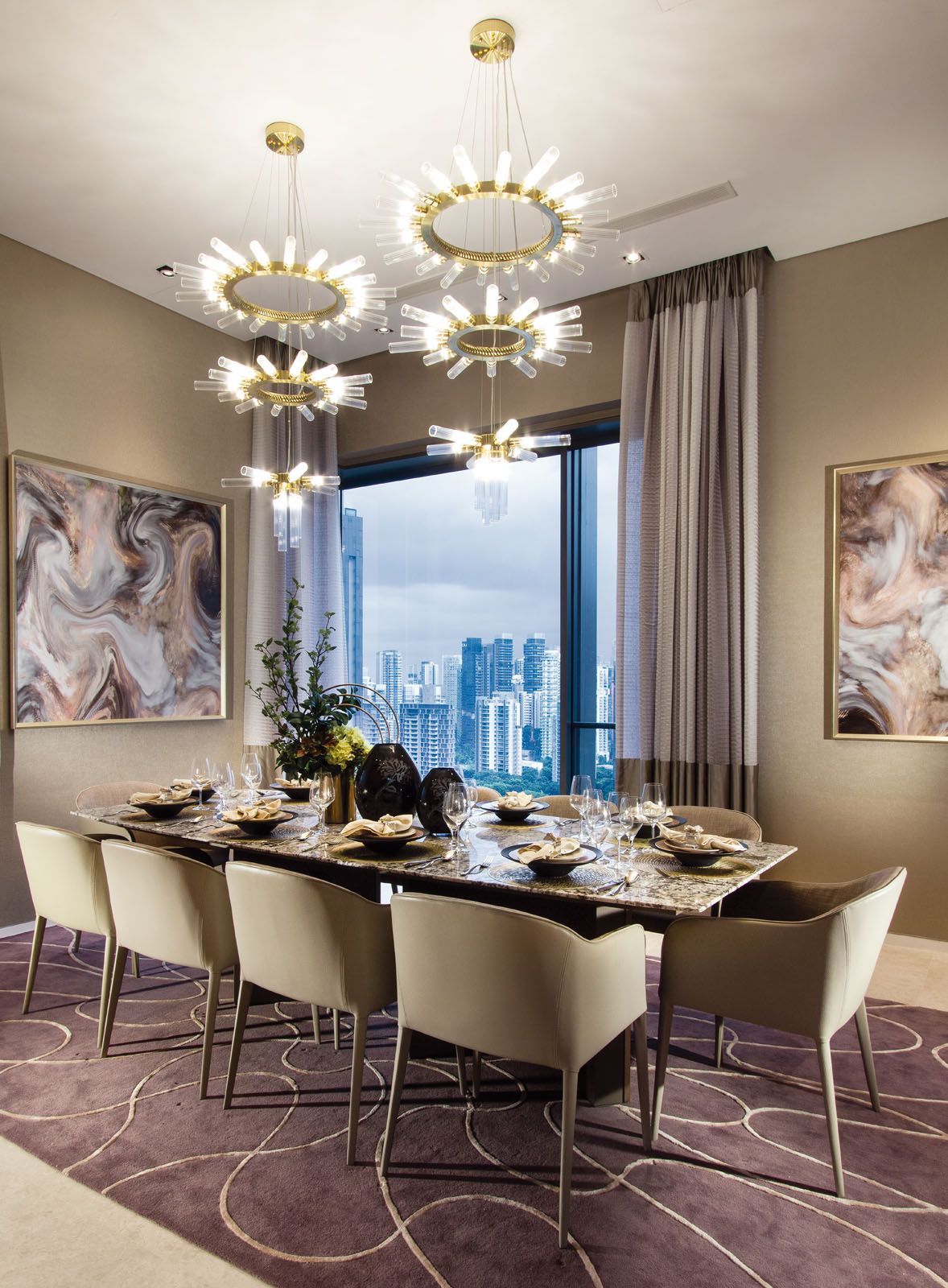 The dining room features an elegant tableau with art deco influences
