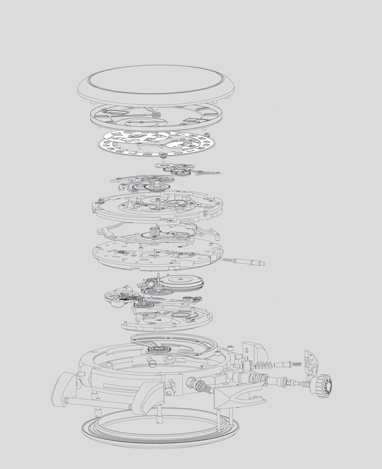 A drawing of the calibre L155.1 Datomatic showing the new movement’s 312 components