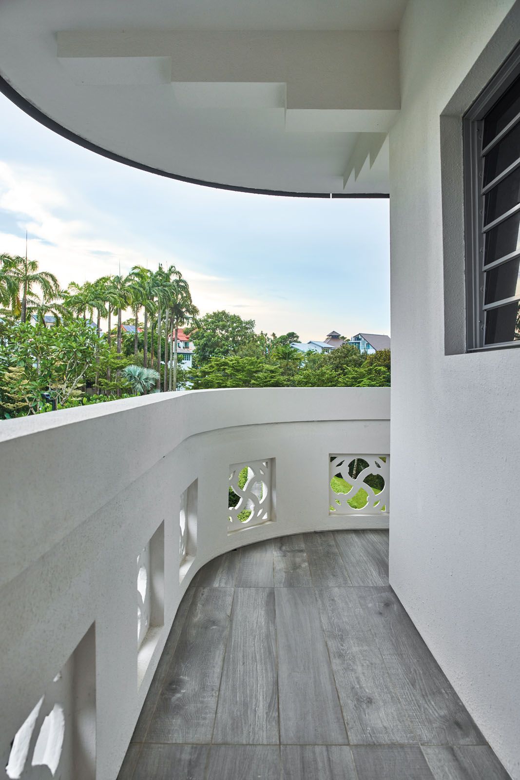 The balcony looks out to the garden
