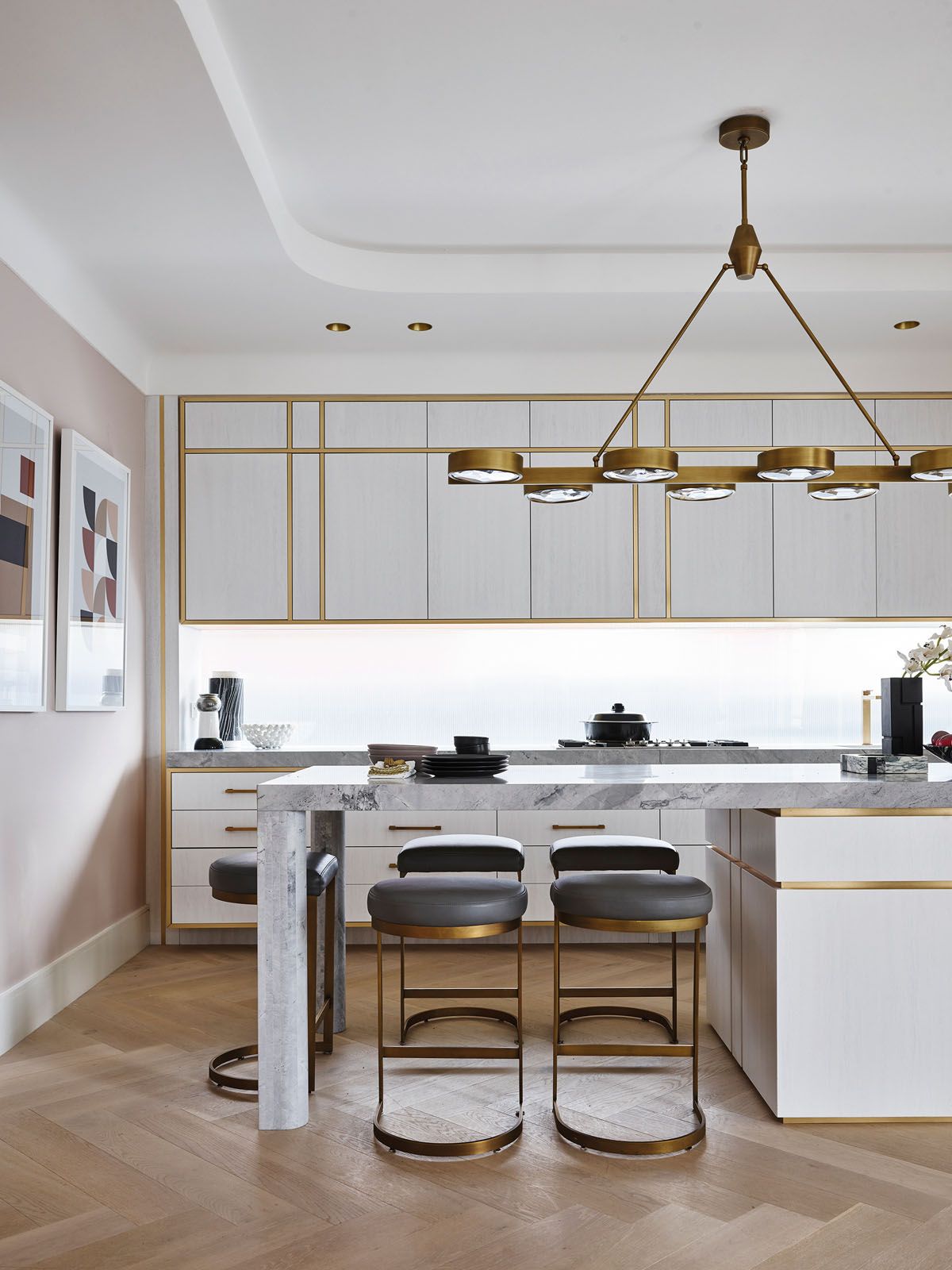 This space also features a custom marble island by Greg Natale