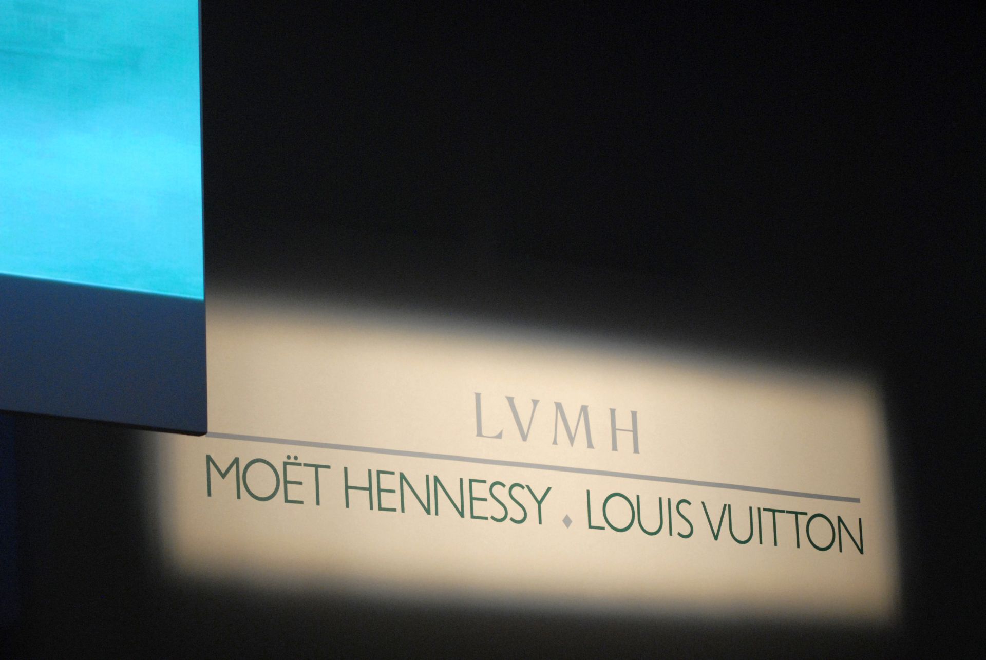 LVMH logo is pictured before French luxury goods group LVMH CEO Bernard Arnault announces the LVMH 2007 results during a press conference on February 6, 2008, in Paris. LVMH reported that net profit rose eight percent last year to a record of 2.03 billion euros (2.96 billion euros) despite unfavourable exchange rates. AFP PHOTO ERIC PIERMONT / AFP PHOTO / ERIC PIERMONT