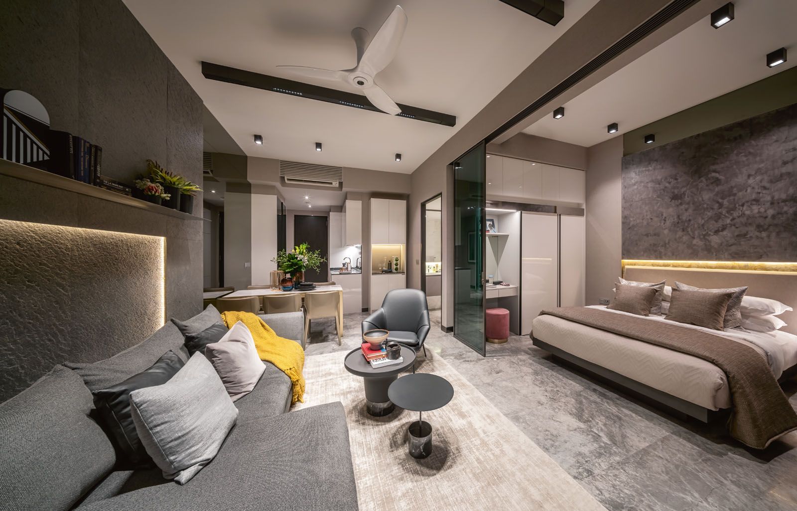 Sliding doors open up spaces when needed for social gatherings and meetings