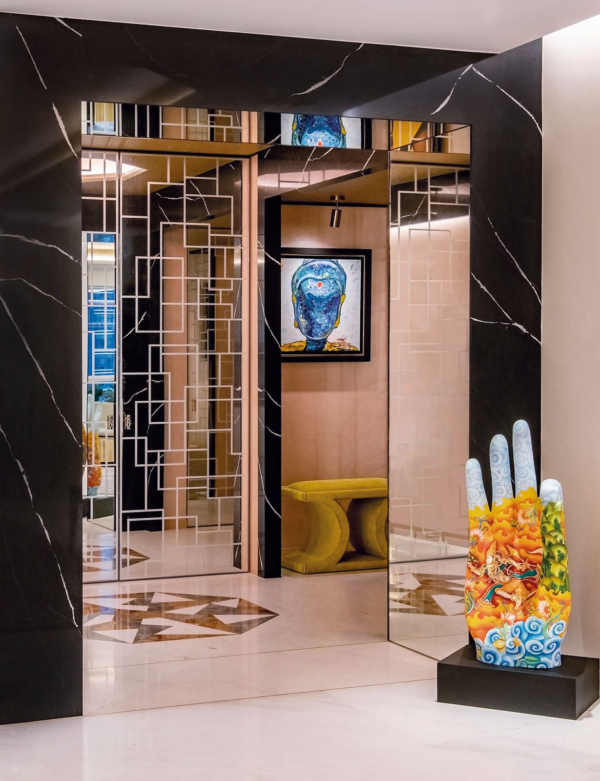 By extending the entrance wall, the firm created architraves that conceal the low-hanging beams
