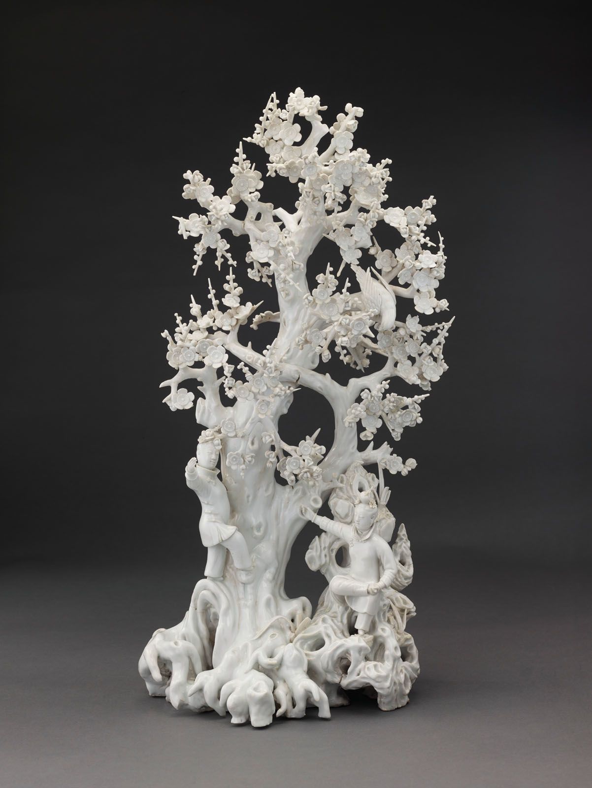 Plum trees were popular among Dehua potters in the 18th and 19th centuries, and this example in the Ceramics gallery is one of the most complex