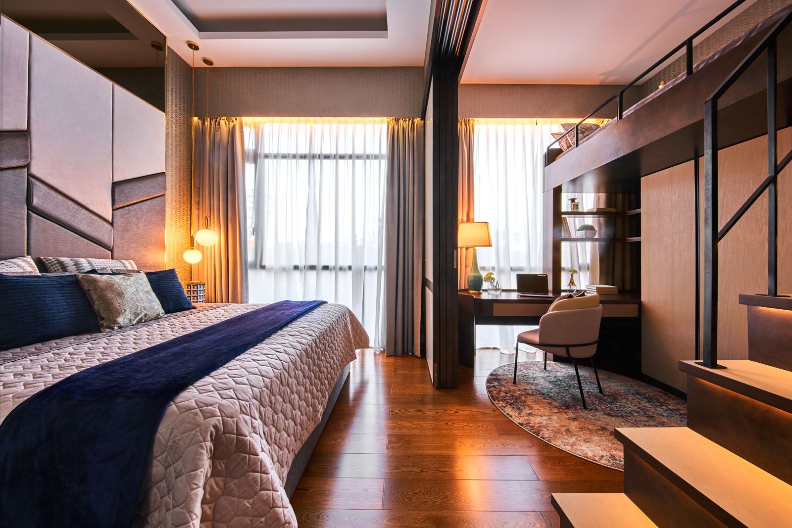 Sliding doors separate the couple’s bedroom from the son’s platform bed
