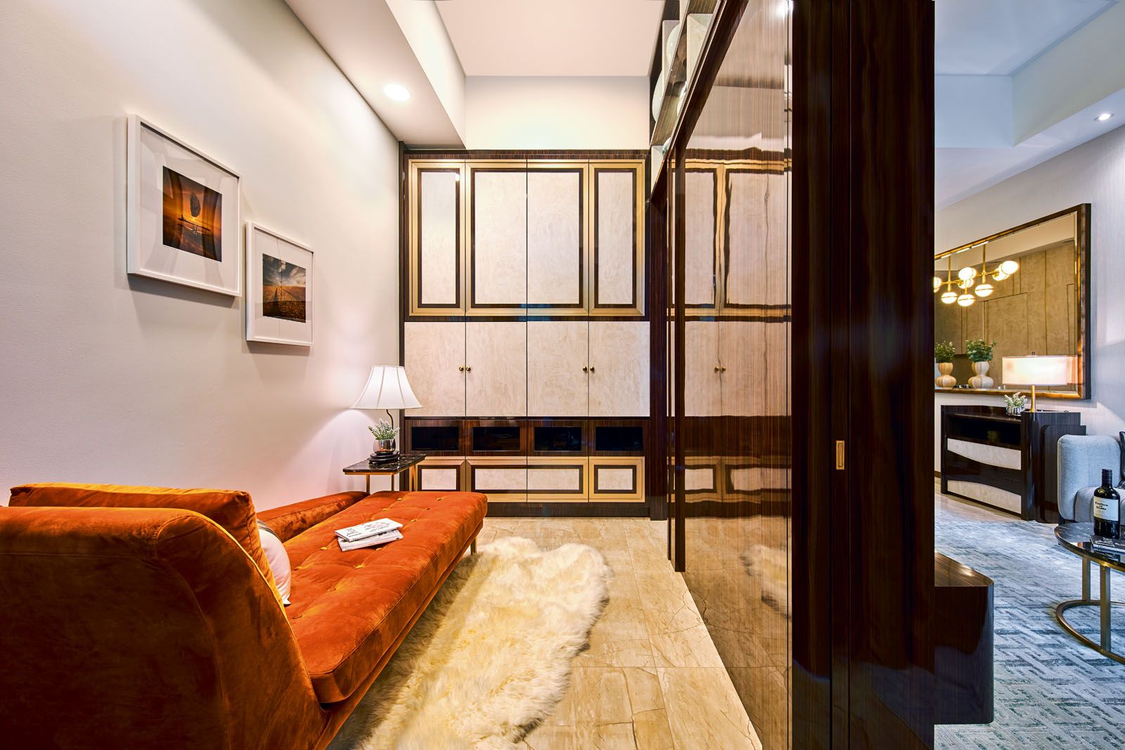 The velvet daybed adds a pop of colour to the reading lounge