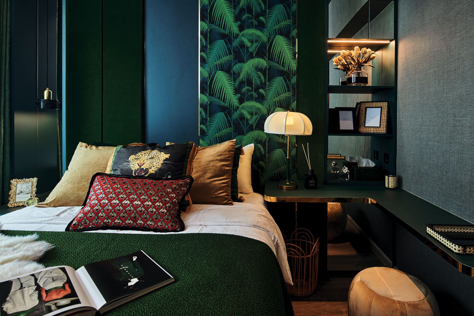 The emerald scheme and lush mix of fabrics in the master bedroom playfully reference the decadent glamour of Italian house Gucci
