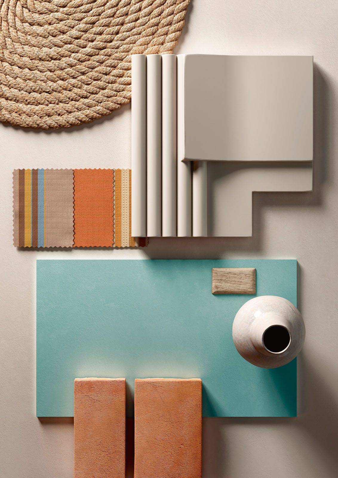 The CEDIT - Ceramiche d’Italia Rilievi collection by Zaven (left) comprises three-dimensional ceramic tiles with a retro influence, while the Policroma collection by Cristina Celestino (right) features textures inspired by marble and Marmorino plaster; both collections are available from Florim