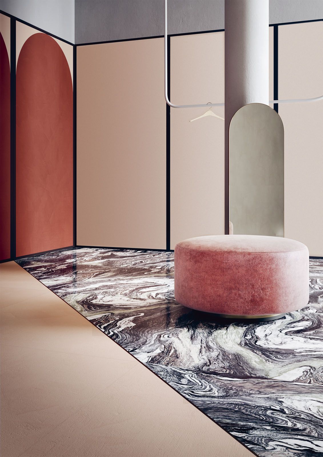 Linear and curvilinear forms come together beautifully in the Policroma ceramic tile collection by Cristina Celestino, from Florim
