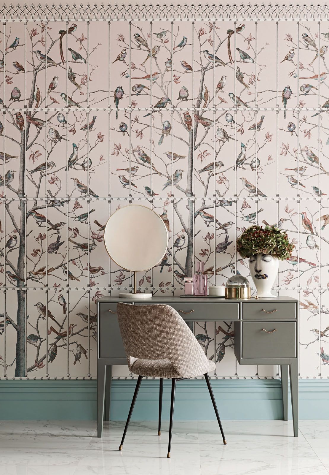 The Uccelli wallpaper from Cole & Son’s Fornasetti Senza Tempo collection, from Goodrich Global