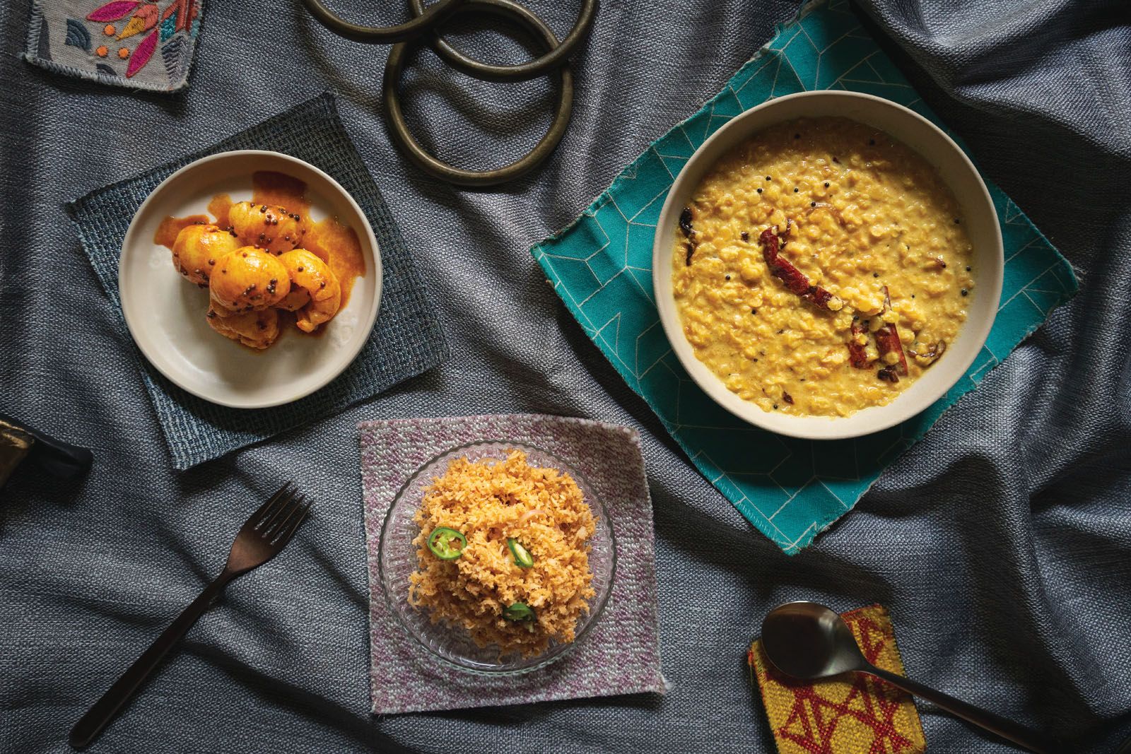 Pickled lychee achcharu (left)