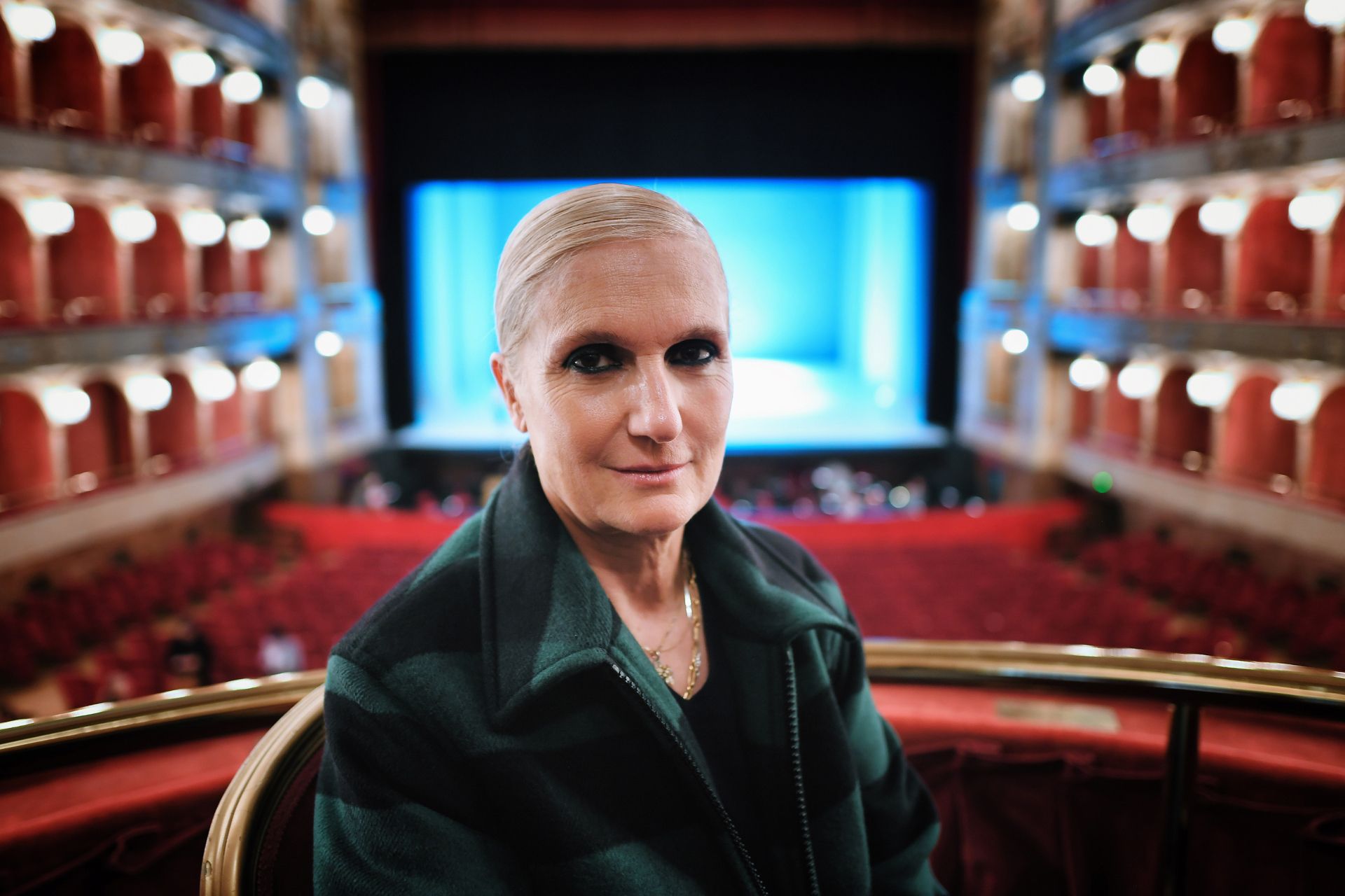 Dior Italian creative director Maria Grazia Chiuri poses during a photo session at the Teatro dell'Opera (Opera House) in Rome on March 27, 2019. - Dior fashion house and Teatro dell'Opera in Rome have teamed up to celebrate the American composer Philip Glass for five exceptional evenings from March 29 to April 2, sealing the rather unusual union between dance and haute couture. There are few occasions when these universes meet, so the Dior House has accepted the proposal to develop the costumes of "Nuit Bl