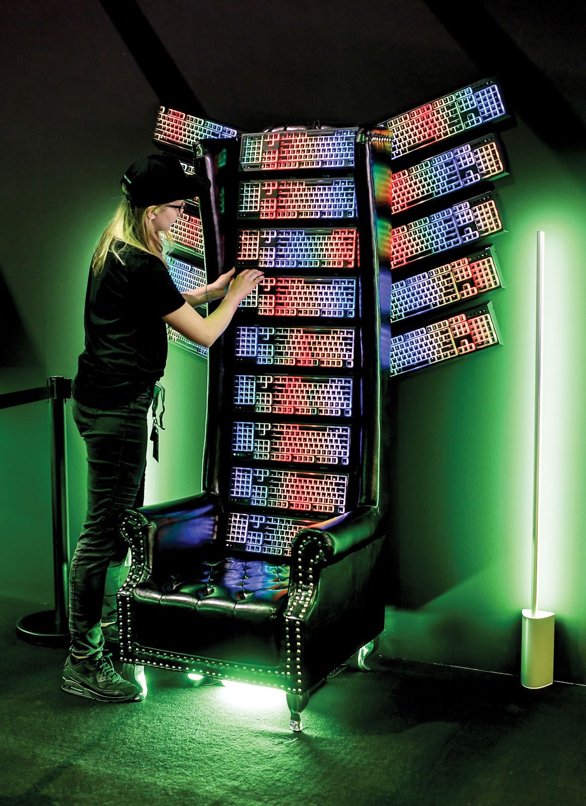 A throne made up of Razer keyboards seen at the 2019 IFA technology trade fair in Berlin—an allusion that the brand is the king of the industry (image by Britta Pedersen/Picture Alliance via Getty Images)