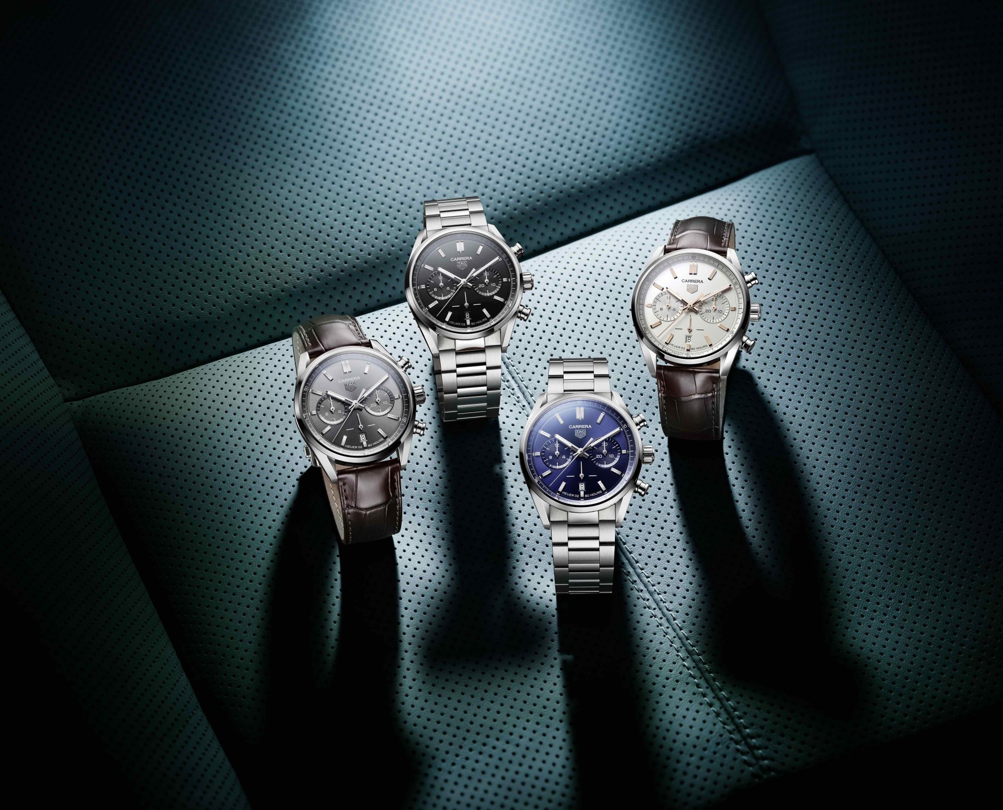 Joining the family are these four versions of the TAG Heuer Carrera Chronograph 42mm Calibre Heuer 02