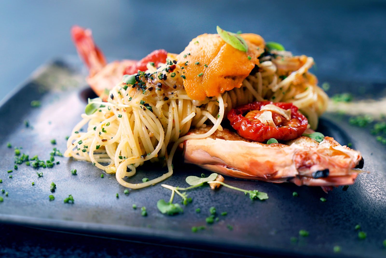 Mentaiko tiger prawn capellini
