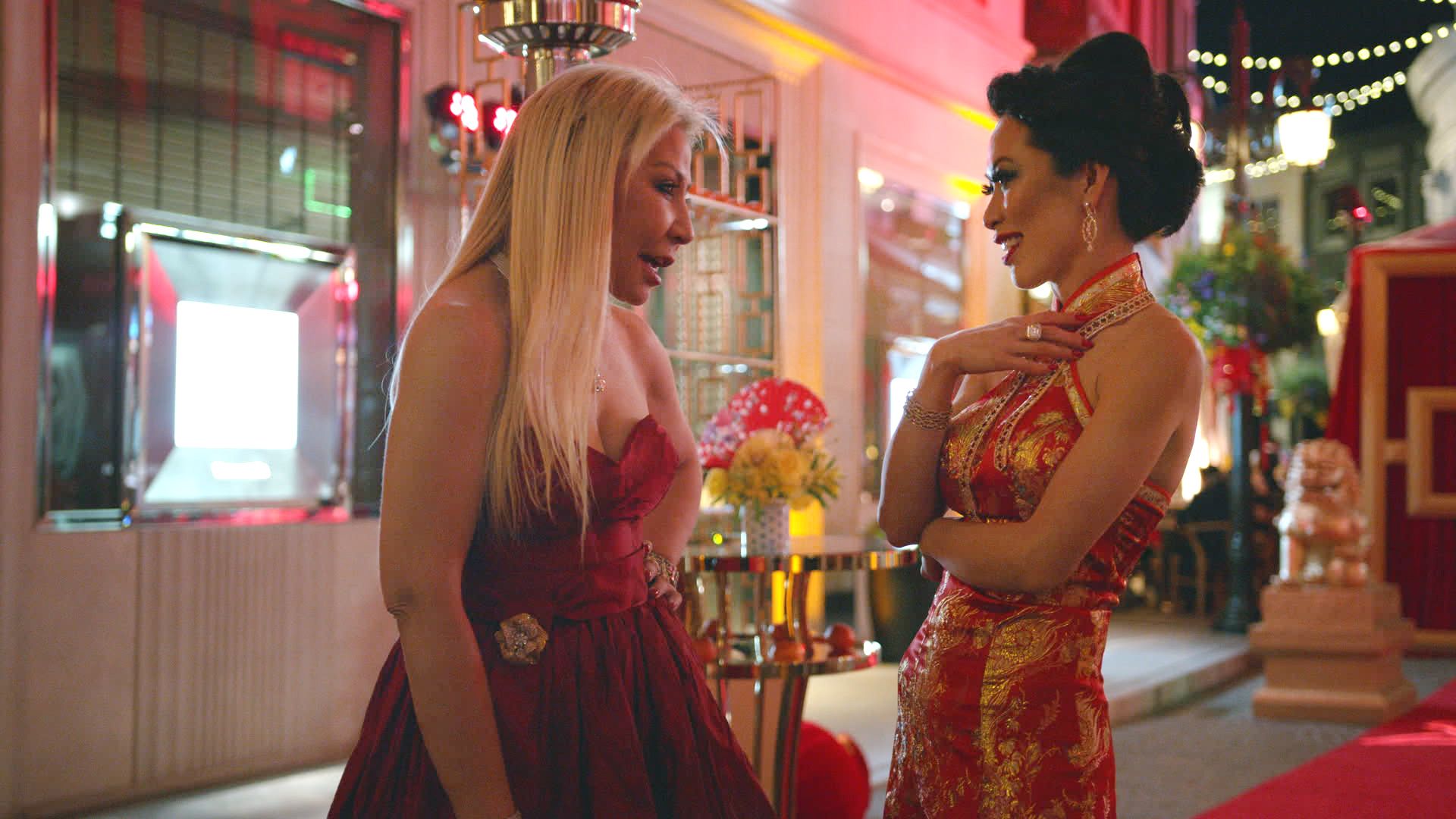 (L-R) Anna Shay and Christine Chiu in episode 1 âNecklacegate 90210â of Bling Empire: Season 1. c. Courtesy of Netflix © 2021