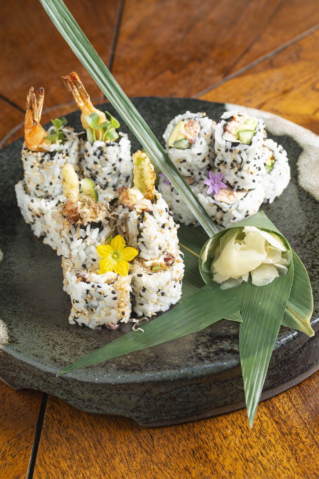 Hand roll sushi platter crispy shrimp tempura California maki