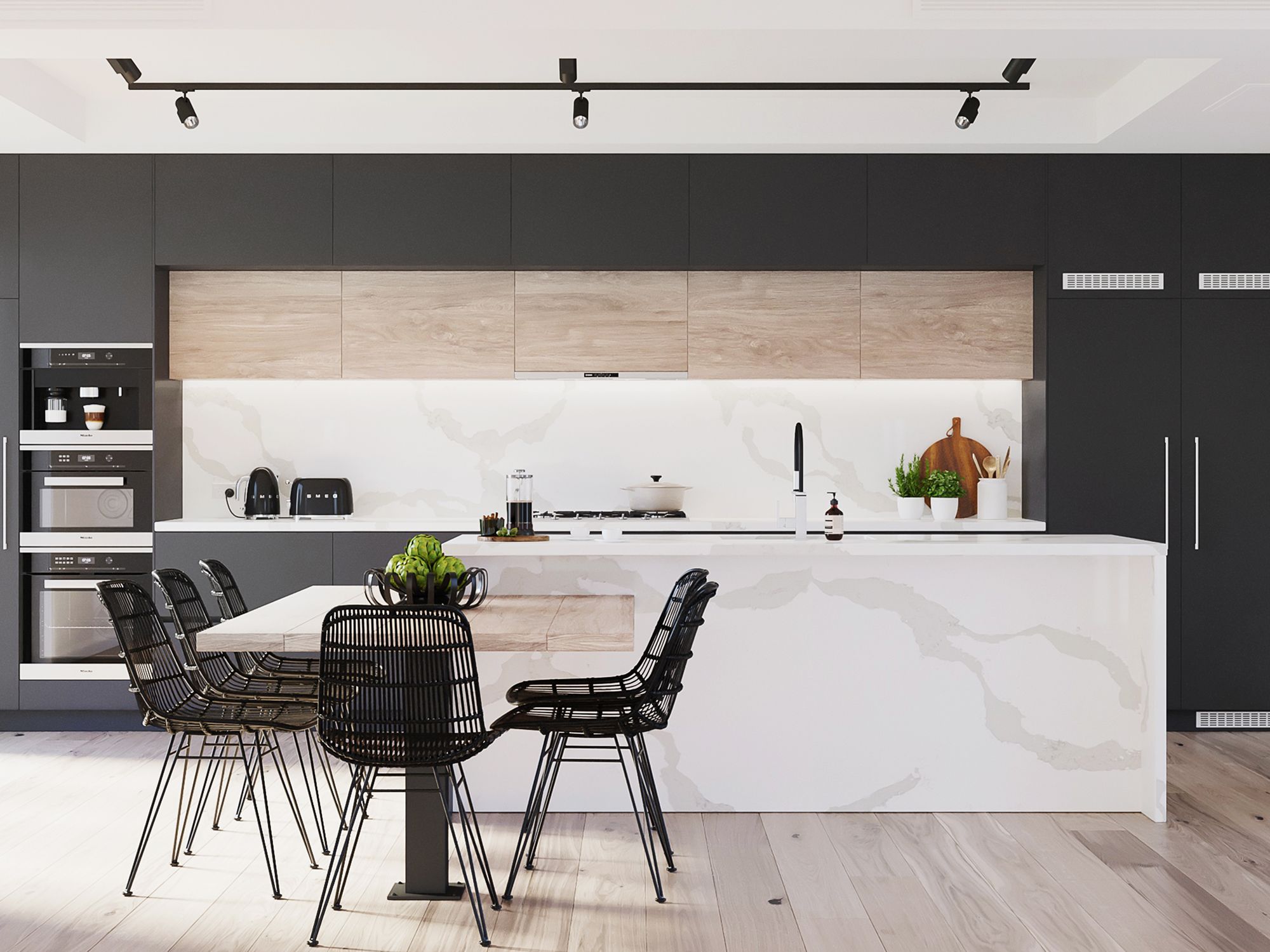 Kitchen island clad in the Calacatta Maximus surface, from Caesarstone