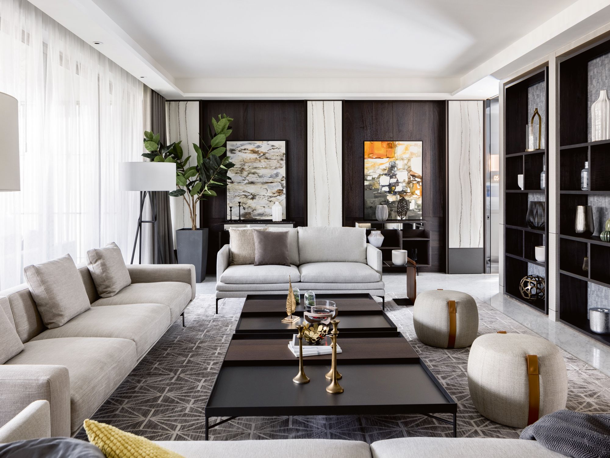 The living room showcases a symmetrical composition that pleases the eye