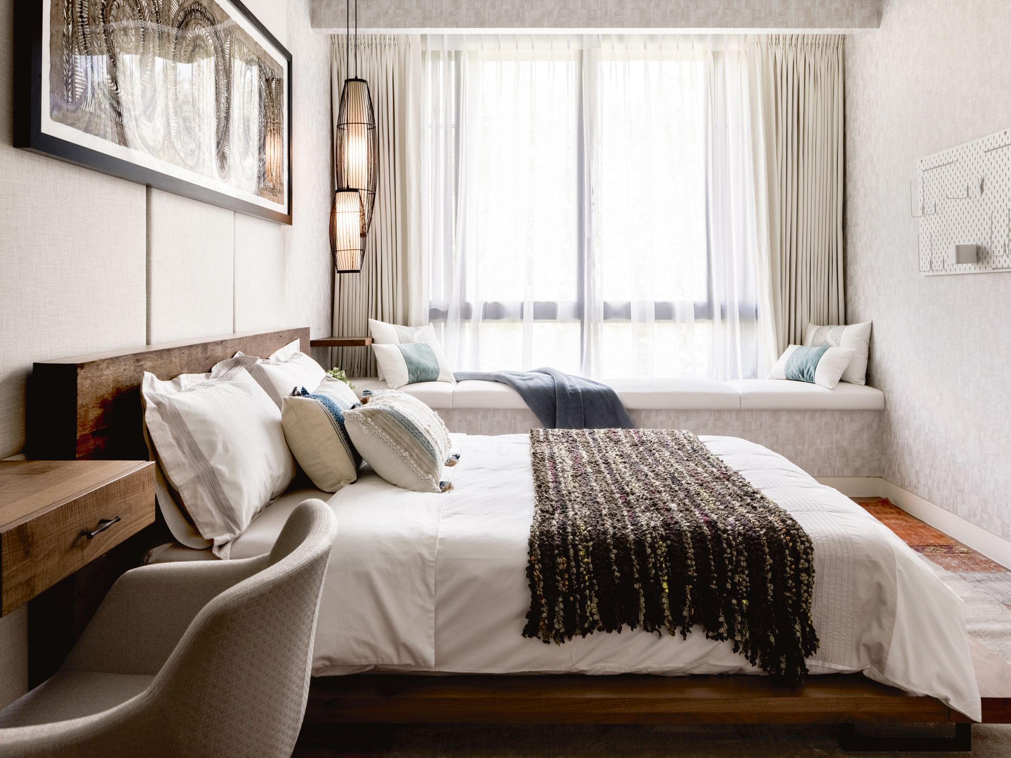 An earthy palette contributes to the calming nature of this bedroom