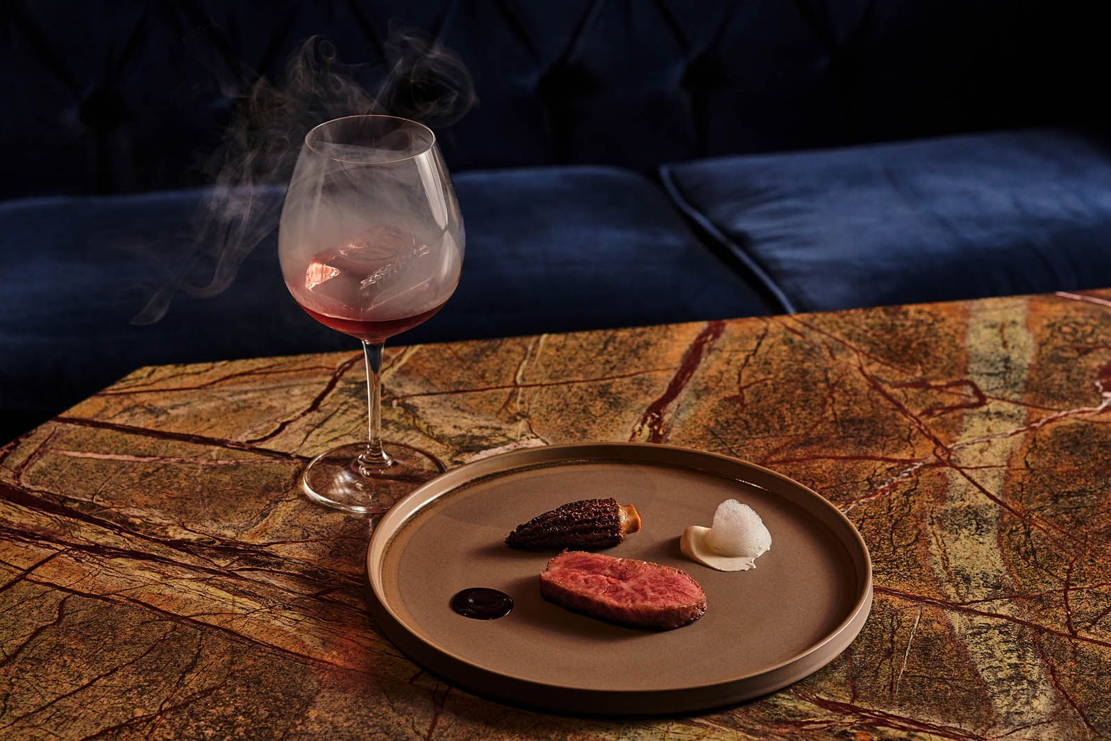 Tochigi Wagyu ribeye paired with Spezia (Manhattan Maker's Mark, Amontillado Sherry, Spiced Port and Cherry Smoke)