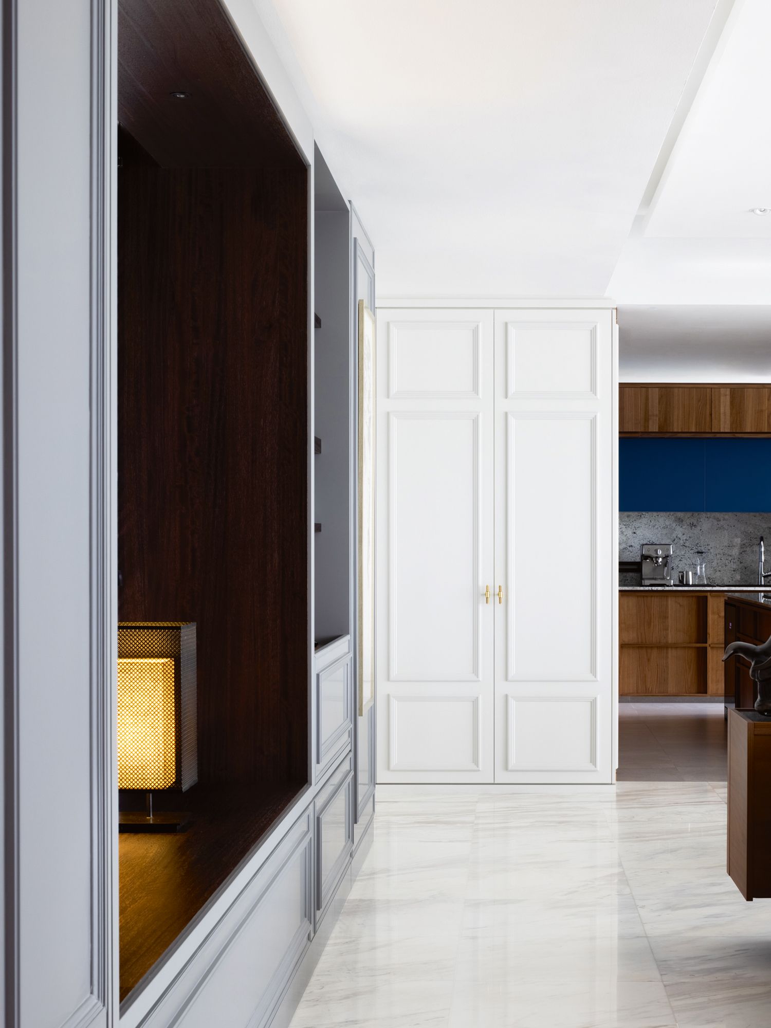 A view of the kitchen from the living area
