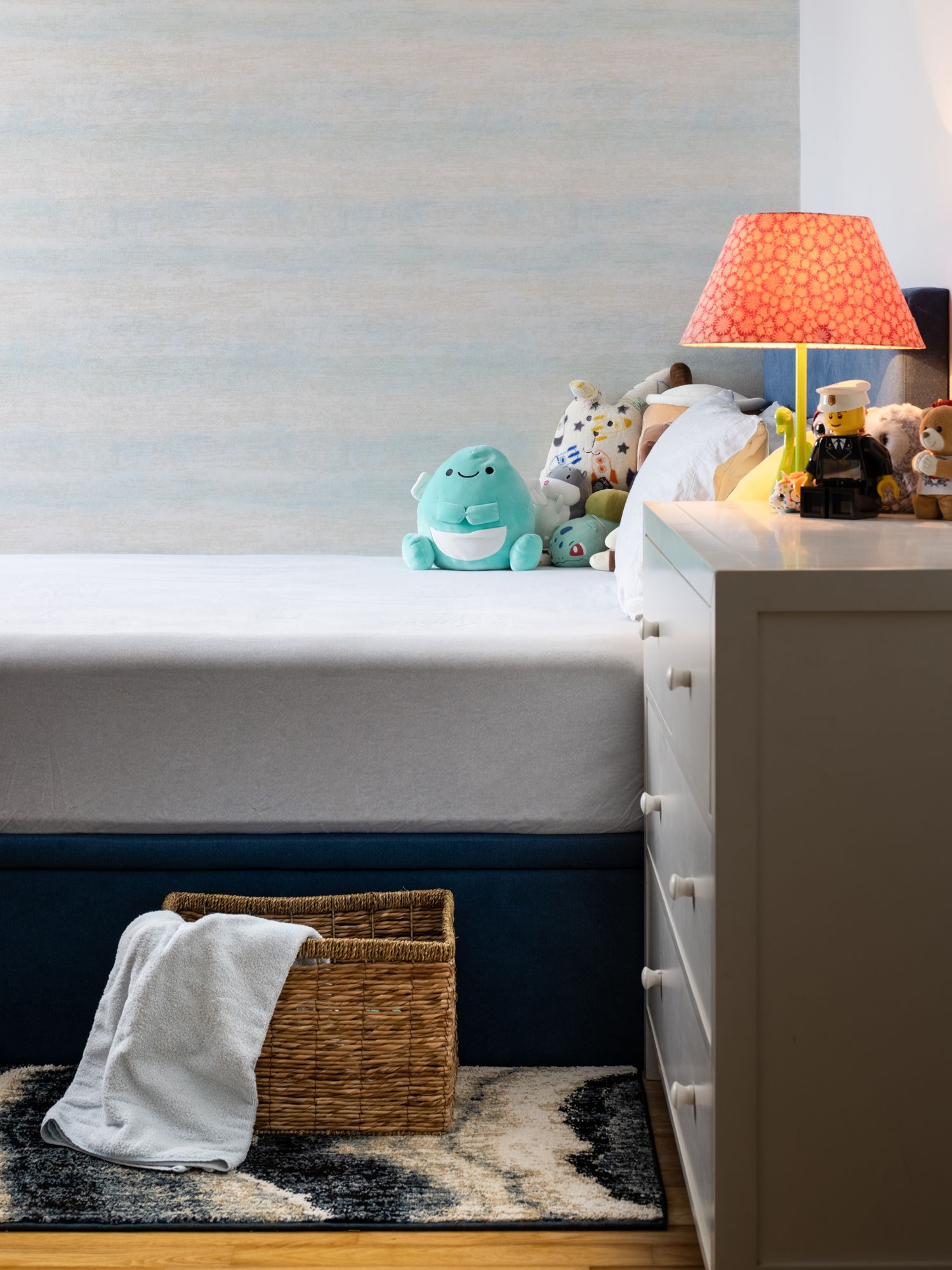 A bright and cheerful lamp lights up the space in the child's bedroom