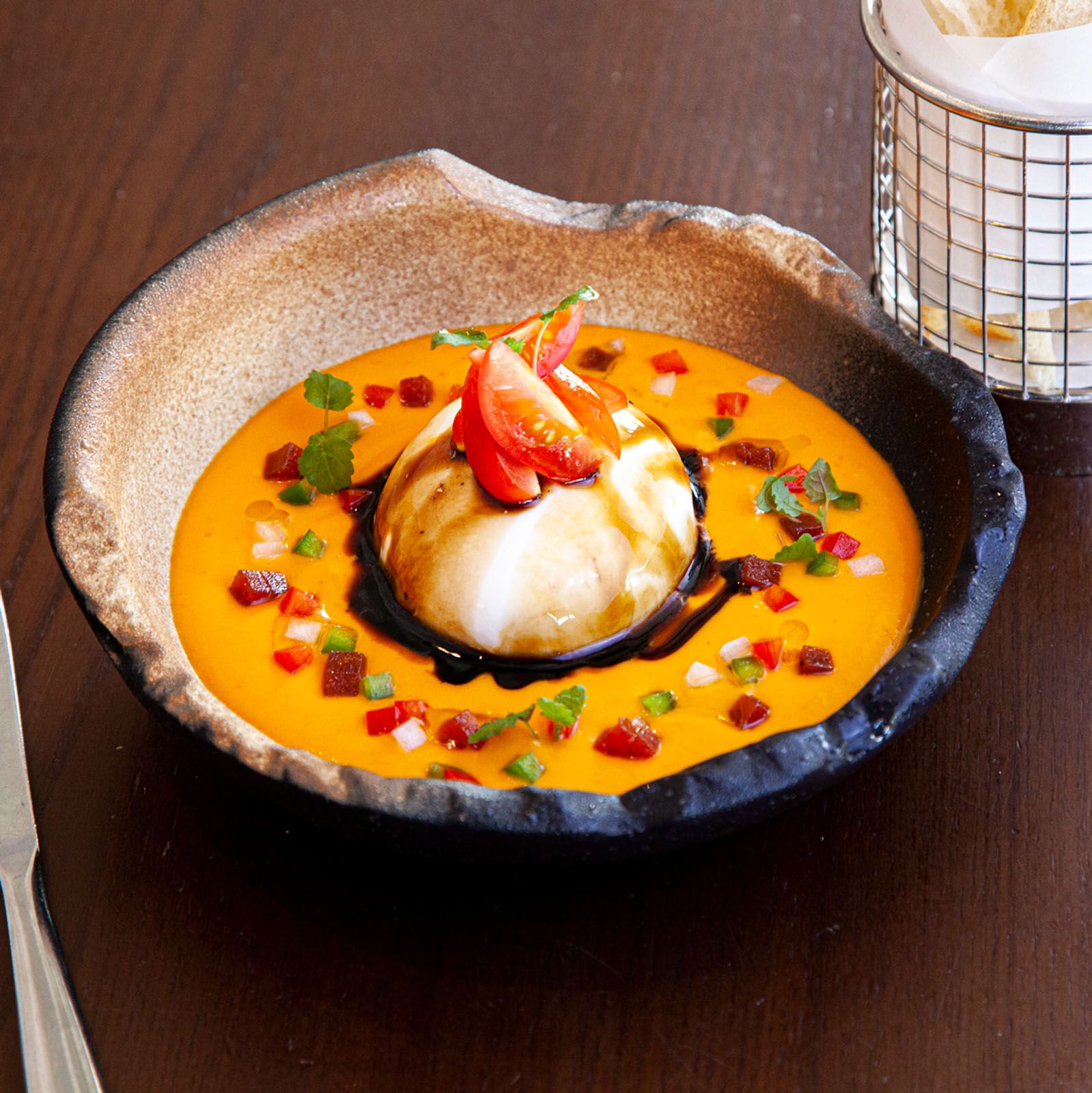 Burratina cheese with raspberry gazpacho